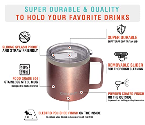 CHILLOUT LIFE Stainless Steel 16 oz - Vacuum Insulated Coffee Mug with Handle and Lid, Large Thermal Camping Coffee Mug Cup with Durable Sliding Lid for Women - Rose Gold - color: Rose Gold, size: 16 Ounces