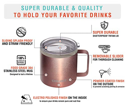 CHILLOUT LIFE Stainless Steel 16 oz - Vacuum Insulated Coffee Mug with Handle and Lid, Large Thermal Camping Coffee Mug Cup with Durable Sliding Lid for Women - Rose Gold - color: Rose Gold, size: 16 Ounces