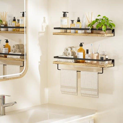 AMADA HOMEFURNISHING Bathroom Shelves with Towel Bar, Floating Shelves, Wall Shelves for Bathroom/Living Room/Kitchen/Bedroom, Light Brown, Set of 2 - AMFS01 - color: Light Brown