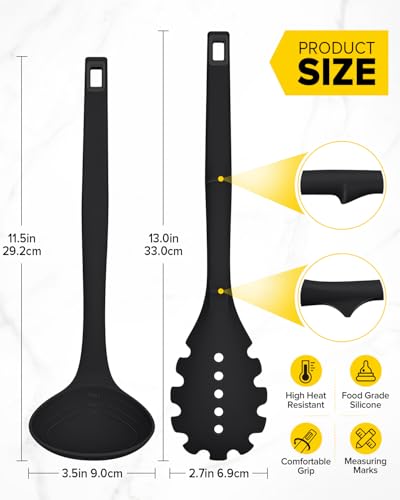 Silicone Pasta Fork and Soup Ladle Set, Heat Resistant Non Stick Kitchen Utensils with Back Hooks, Suitable for Cooking, Stirring, Serving Spaghetti, Soup, Sauce (BLACK) - color: Black