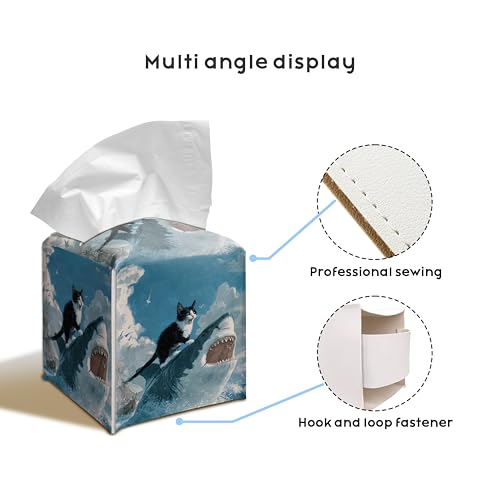 Funny Cat Shark Tissue Box Cover, 5.2 Inch PU Leather Square Holder | PU leather tissue box cover with funny cat shark design, hand-stitched detail, and removable liner for home or office. - color: Cat Shark