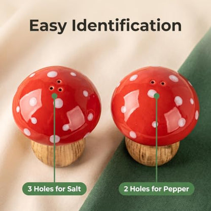 Mushroom Salt and Pepper Shakers Set Ceramic Red Toadstool Dispenser | 2-piece ceramic mushroom salt and pepper shakers with 3 and 2 top holes and silicone bottom stoppers for kitchen table decor.