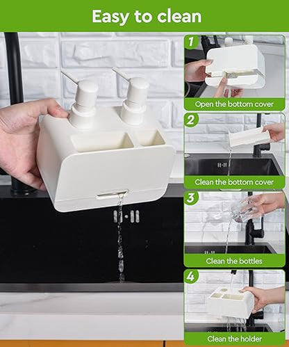 Kitchen Hand Soap and Dish Soap Dispenser Set, Dual Soap Dispenser with Sponge Caddy and Brush Holder 4-in-1 Organizer for Sink Countertop, Useful Kitchen Gadgets - White - color: White