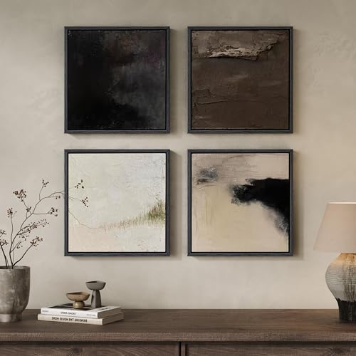 Framed Minimalist Modern Neutral Abstract Wall Art, 4 Piece 12x12 In | Canvas Prints, Earth tone wall decor, Square paintings, Contemporary black beige brown artwork, Living room bedroom pictures - color: Earth Tone