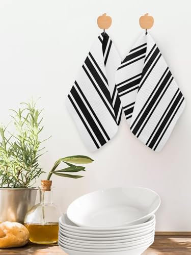 Black Striped Dish Towels Set, Waffle Weave Kitchen Towels 2 Pieces, Farmhouse Aesthetic Modern Stripes Microfiber Hair Face Bath Tea Towel Absorbent Quick Drying Cleaning Dish Cloths, 12"x12" - color: Black, White, Charcoal, size: 2PCS,12"x12"