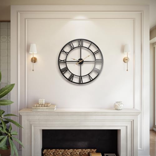 24 Inch Large Wall Clock, Roman Numeral Metal Oversized Wall Clocks | Vintage Round Modern Metal Wall Clock for Living Room Decor, Bedroom & Kitchen, Silent/Non Ticking/Battery Operated - color: Black-roman, size: 24 inch