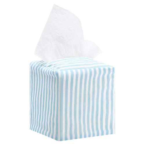 Potchen Tissue Box Cover Square Coastal Blue White Stripe for Bathroom Home | Washable Cotton, Decorative Modern, Fabric Tissue Holder, Stylish Storage, Breathable, Easy to Clean, Bedroom Office