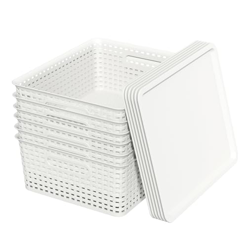 6 Packs Plastic Woven Storage Basket with Lid, Stackable Lidded Storage Baskets for Shelves (White)