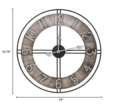 Sorbus Large Wall Clock, 24" Decorative for Kitchen, Bedrooms, Office, Analog Modern Farmhouse Style. Silent, Round Chunky Number, Home Decor, Quartz Battery Operated, Gray Metal