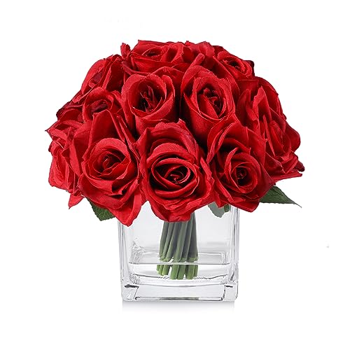 18 Heads Artificial Rose Flowers in Vase, Fake Rose Floral Arrangement in Vase with Fake Water for Dining Table Wedding Home Decor (Red) - color: Red