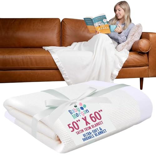 Thermal Waffle Knit Throw Blanket Satin Trim White 50" x 60" | Adult throw blanket with soft lightweight waffle knit design, satin trim & breathable layer for couch, bed & living room use. - color: White - Satin Trim