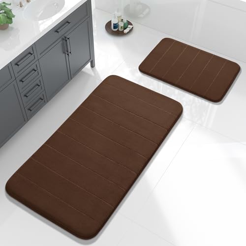 Yimobra Large Bath Mat Set 2 Piece- Super Soft Absorbent Quick Dry Memory Foam Bathroom Rugs, Machine Washable Non Slip Floor Carpet for Tub Shower & Double Vanity (17x24 & 44x24, Brown) - color: Brown, size: 44x24+24x17 Inch