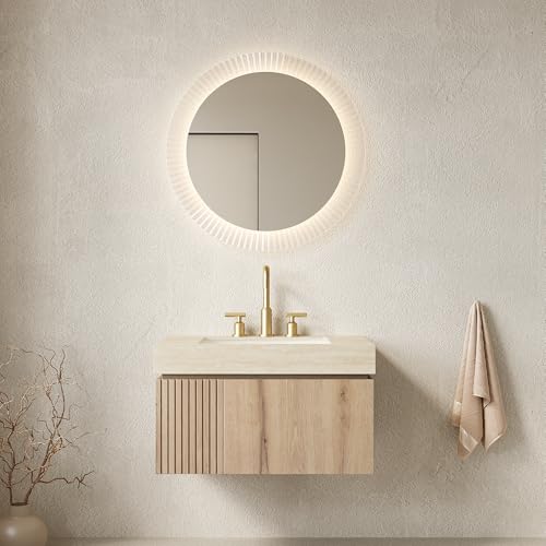 30" Floating Bathroom Vanity with Sink, MURI Wall Mounted Plywood Cabinet, Sintered Stone Countertop, Ceramic Basin with 3 Faucet Hole, Drawer & Door Storage, Pre-Assembled, Beige Top White Oak - color: White Oak,beige Travertine-pattern Top, size: 30"+Be