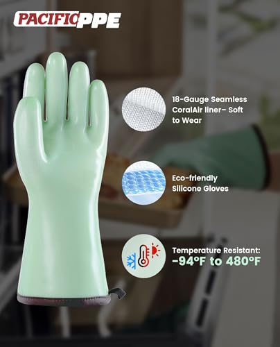 PACIFIC PPE Waterproof Silicone Oven Gloves, Heat Resistant, Food Grade | Silicone oven gloves, liquid silicone coating, five-finger design, secure grip, flexible fit for grilling, baking and BBQ - size: Medium
