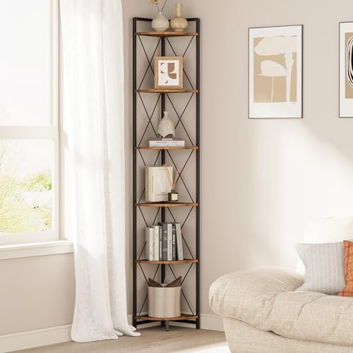 6 Tier Corner Shelf Stand, 78" H Tall Corner Bookshelf, Rustic Brown | Industrial Metal Corner Shelf for Living Room Decor, Plant Stand Display Shelf for Bedroom, Bathroom, Small Spaces - color: Rustic Brown, size: 11.8"D x 11.8"W x 78.3"H