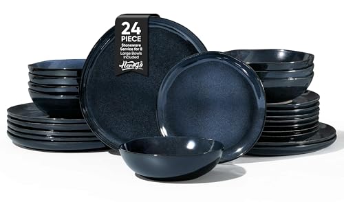 Herogo 24pcs Stoneware Dinnerware Sets for 8, Irregular Handmade Dinner Plates and Bowls, Kitchen Dining Dish Dishware Set, Microwave & Dishwasher Safe,Starry Blue - color: Starry Blue, size: 8 Set (24pcs)