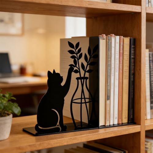 Decorative Cat Bookends, Metal Book Ends for Shelves - Cute Modern Cat Shape Bookend Holder for Bookshelf, Home Office Desk Decor, for Cat Lovers & Reading Enthusiasts