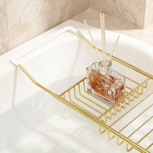 Bathtub Caddy Tray, Expandable Bath Tub Table with Removable Book Holder Red Wine Rack Holder, for Home Kitchen Bathroom,Gold - color: Gold