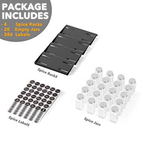 SpaceAid Spice Drawer Organizer with 20 Spice Jars, 386 Spice Labels, 4 Tier Seasoning Rack Tray Insert for Kitchen Drawers, 9-1/2" Wide x 17-1/2" Deep - size: 20 Jars, 9.5" Wide