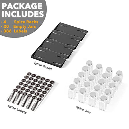 SpaceAid Spice Drawer Organizer with 20 Spice Jars, 386 Spice Labels, 4 Tier Seasoning Rack Tray Insert for Kitchen Drawers, 9-1/2" Wide x 17-1/2" Deep - size: 20 Jars, 9.5" Wide