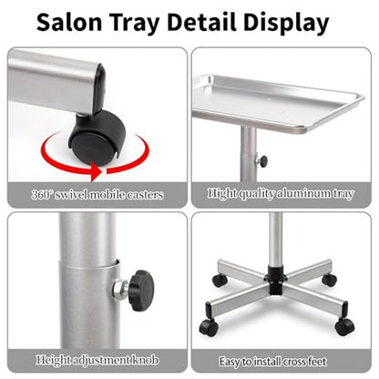 Salon Tray, Salon Color Tray with Adjustable Height, Salon Tray on Wheels, Salon Rolling Tray, Ideal Use As Tattoo Tray＆Dental Tray - color: Silver