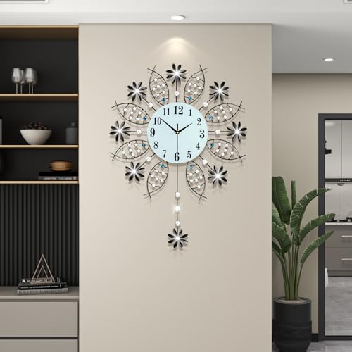 Large Decorative Black Crystal Wall Clock for Living Room Decor | Big Luxury Modern Wall Clock with Pendulum Battery Operated Non Ticking Silent Quartz Metal Clock for Kitchen Office Bedroom - style: Art Deco