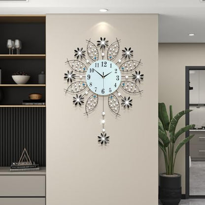 Large Decorative Black Crystal Wall Clock for Living Room Decor | Big Luxury Modern Wall Clock with Pendulum Battery Operated Non Ticking Silent Quartz Metal Clock for Kitchen Office Bedroom - style: Art Deco