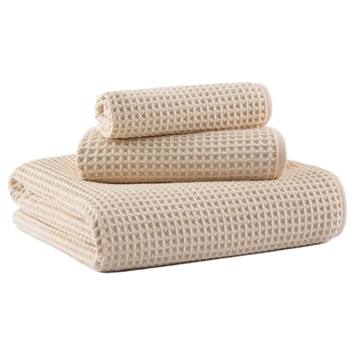 MICROFI New Microfiber Waffle Bath Towels, 3 Pieces, Oversized, Soft, Absorbent, Fast Drying, Lint Free, Includes Bath, Face and Hand Towels 430 GSM - color: Champagne