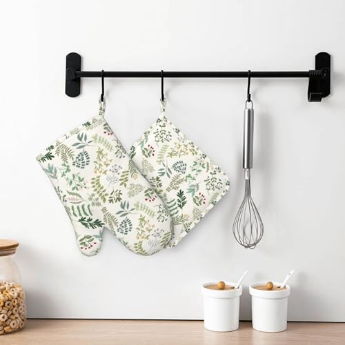 Wildflowers Herbs and Leaves Oven Mitts and Pot Holders Sets Silicone Beige Floral Kitchen Oven Mitts Hot Pads Heat Resistant Potholders Kitchen Mitts Set for Baking BBQ Cooking - color: Beige