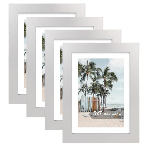 Hongkee 5x7 Picture Frame (4 Pack, Silver) Made of Real Glass and Wooden Frame - Display Pictures 4x6 with Mat or 5x7 Without Mat, 5 by 7 Photo Frames TableTop Display and Wall Mounting - color: Silver, size: 5x7 in