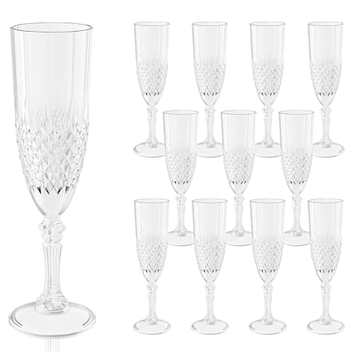 12 Pack Plastic Champagne Flutes, Clear Reusable Champagne Glass | Unbreakable Hard Plastic Mimosa Cups Bulk with Stem, Fancy Stemware for Wedding, Party & NYE Celebration - color: Transparent