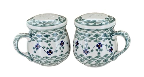 Blue Rose Polish Pottery - Green Sage Floral Salt & Pepper Shakers with Handles - 3.75" Tall - Hand-Painted Ceramic Seasoning Set for Table & Kitchen