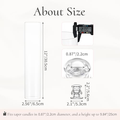 Hurricane Glass Candle Holders: 12" Tall Cylinder Cover Set of 6 | for 0.87" Taper, Windproof Chimney Cover, Clear Candlestick Holder for Wedding Table Centerpiece, Party, Birthday, Christmas - size: 12" H - 6 Pcs