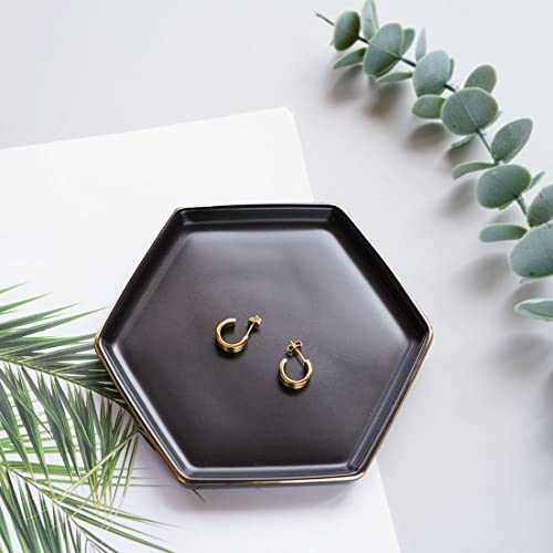 HANKOR 4.7 inch Ceramic Jewelry Dish Tray, Small Ring Holder Dish, Black Catch All Trinket Tray for Keys Rings Earrings - color: Black