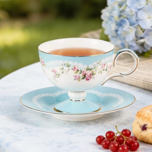 KAMMAK Tea Cups Set of 2,Ceramic Floral Pattern Demitasse Cup | Porcelain Espresso Cup with Saucer, 6.52 oz Handmade Elegant Bone China Tea Cups for Latte, Americano, Cappuccino - color: Beautiful in Pink (Light Pink + Light Blue)