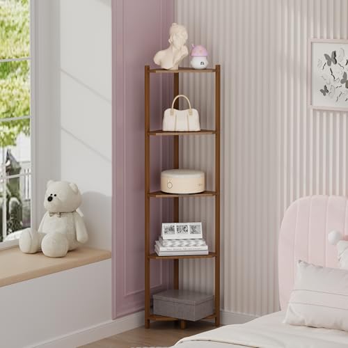 Wisuce Bamboo Tall Corner Shelf Stand, 5-Tier Brown Corner Bookshelf | Space-Saving Narrow Corner Shelf | Bathroom, Bedroom, Living Room, Kitchen & Plants | Stable Natural Bamboo Frame - color: Brown, size: 5 Tier