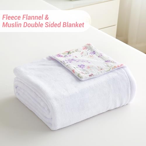 Viviland Cotton Muslin Reversible Fleece Blanket Lightweight Breathable Gauze Queen Size 90 x 90 Inches Pink Purple Flowers - color: Pink Purple Flowers, size: Queen Size (90 X 90 Inches)