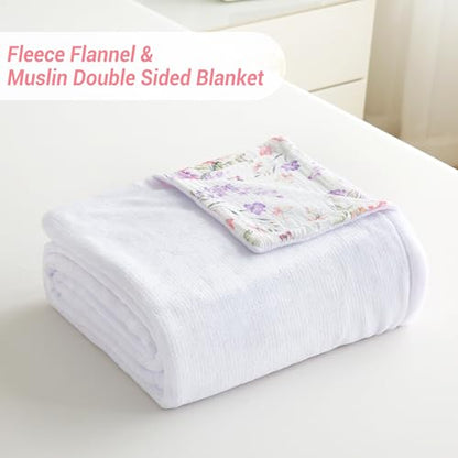 Viviland Cotton Muslin Reversible Fleece Blanket Lightweight Breathable Gauze Queen Size 90 x 90 Inches Pink Purple Flowers - color: Pink Purple Flowers, size: Queen Size (90 X 90 Inches)