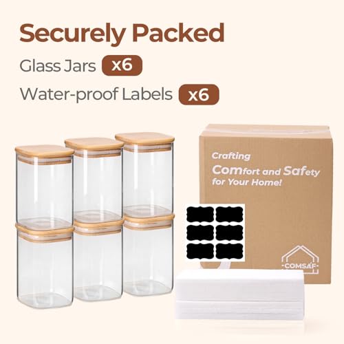 ComSaf Glass Storage Containers wtih Lids 1.2 Qt, Set of 6 Food Storage Jar | Glass Pantry Storage Containers, Square Kitchen Canisters, Pantry Organizers, Tea, Oat, Spice, Coffee, 37oz Jars, BPA Free - size: 1.2Qt*6