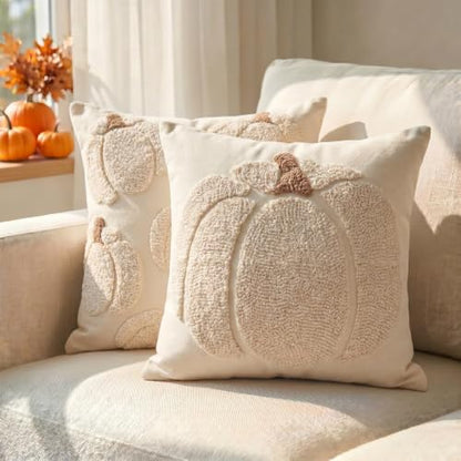 Fall Tufted Pumpkin Pillow Covers Set of 2 18x18, Farmhouse Beige - color: Beige, size: 18" x 18" (Pack of 2)