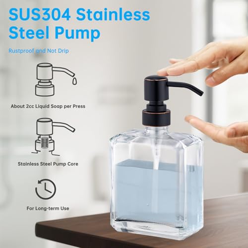 Clear Glass Soap Dispenser with Oil Rubbed Bronze Pump 2 Pack, 13.5 OZ Liquid Soap Dispenser Square with Stainless Steel Pump for Dish Hand Soap Bathroom Kitchen Vanity Countertop - color: Oil Rubbed Bronze, size: 2X13.5 oz