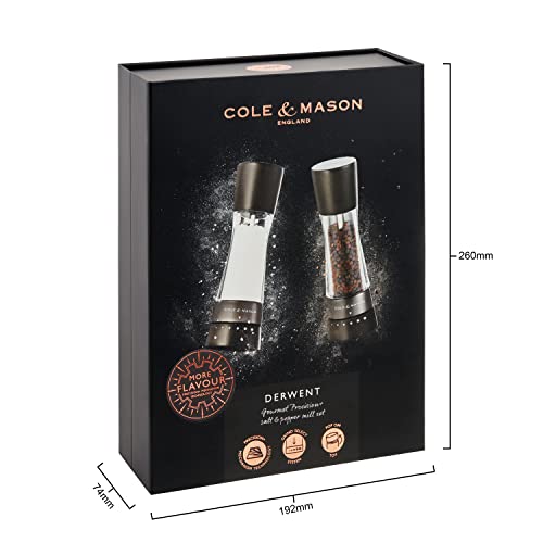 Cole & Mason H332293 Derwent Black Wood Salt and Pepper Mills, Gourmet Precision+, Adjustable Grind, Stained Beech/Acrylic, 190 mm, Gift Set, Includes 1 Salt and 1 Pepper Grinders - color: Black Wood