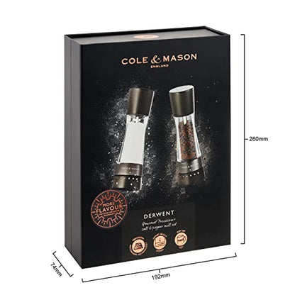Cole & Mason H332293 Derwent Black Wood Salt and Pepper Mills, Gourmet Precision+, Adjustable Grind, Stained Beech/Acrylic, 190 mm, Gift Set, Includes 1 Salt and 1 Pepper Grinders - color: Black Wood