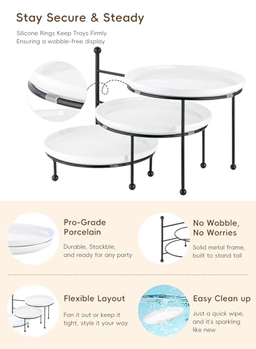 Tiered Serving Tray for Party, 10 Inch Dessert Display Stand, Black | 3*Porcelain Durable Round Serving Plates, Microwave/Dishwasher Safe,Easy Clean, Cupcakes Fruit Modern Serving - color: Black