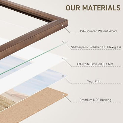 11x14 Picture Frame Natural Solid Walnut Photo Frames with 8x10 Removable Mat Wall Hanging Large Handcrafted Frame with HD Plexiglass Wall and Tabletop Display Large Poster Frame - color: Walnut, size: 11X14,1P