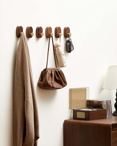 Wood Coat Hooks Wall Mount - Modern Walnut Coat Hook with Brass Accent for Hanging Clothes,Keys,Purse,Robes,Towel,Backpacks, Single Brass Wall Hooks Heavy Duty for Entryway, Closet, Bathroom (6 Pack) - size: HT-6Pack
