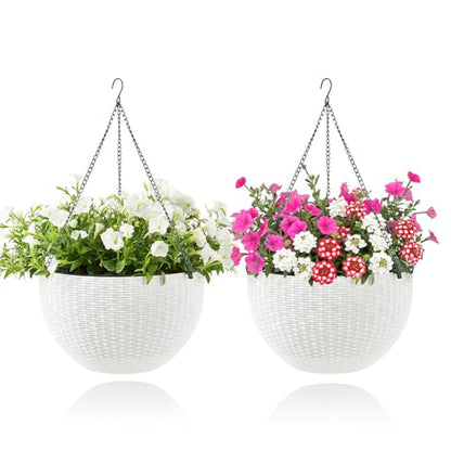 13.8 Inch Self Watering Hanging Planter, 2PCS Round Resin Hanging Basket for Indoor Outdoor Plants, Rattan Look Flower Pot with Drainage Plug, Deep Inner Pot and Sturdy Metal Triple-Chain Hanger - color: White