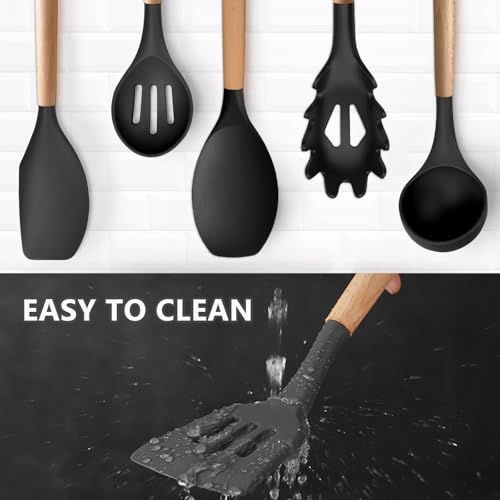 Silicone Kitchen Utensils Set of 6, Cooking Utensils Set with Heat Resistant Wooden Handle, Nonstick Silicone Spatula Spoon Turner Ladle, Cooking Kitchen Gadget for Cookware & Baking BPA FREE - color: Black, size: Standard 6-Piece Set