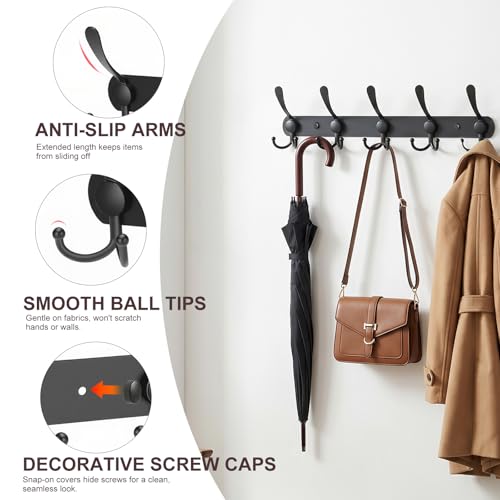 YUNISS Coat Rack Wall Mounted，5 Tri Stainless Steel Coat Hook for Coat Hat Robes Towel in Mudroom Entryway (Black, 1 Pack 5 Hook) - color: Black, size: 1 Pack 5 Hook