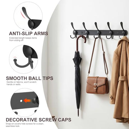 YUNISS Coat Rack Wall Mounted，5 Tri Stainless Steel Coat Hook for Coat Hat Robes Towel in Mudroom Entryway (Black, 1 Pack 5 Hook) - color: Black, size: 1 Pack 5 Hook